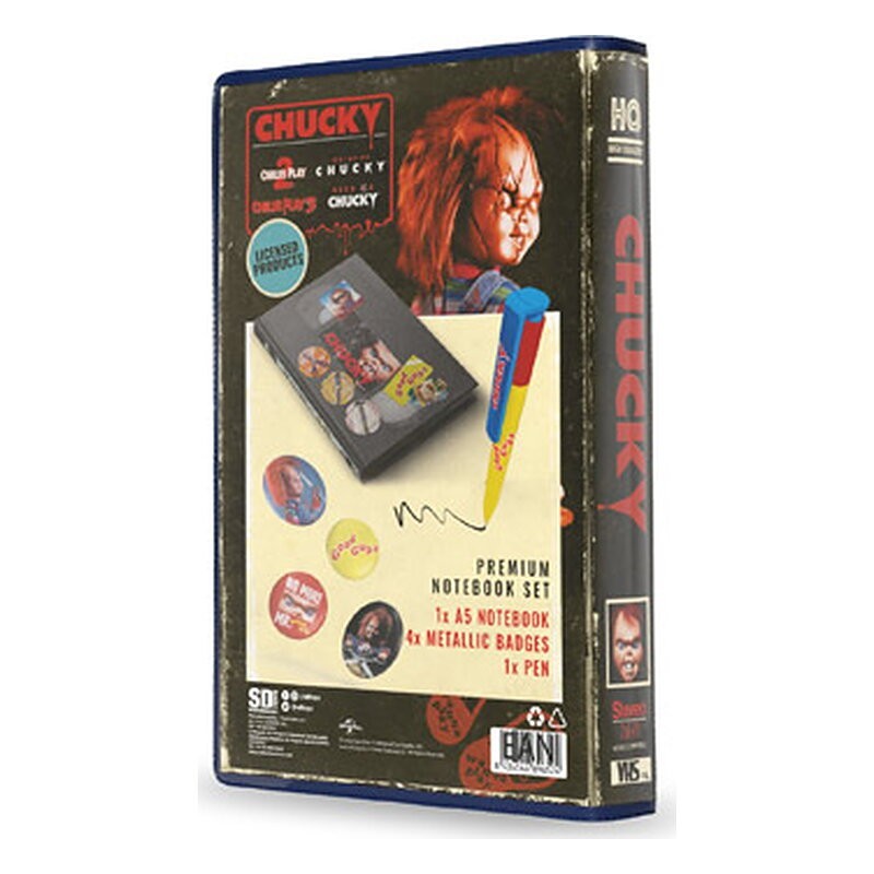Set de papelería Chucky: VHS con libreta, 4 chapas y bolígrafo - SD Toys