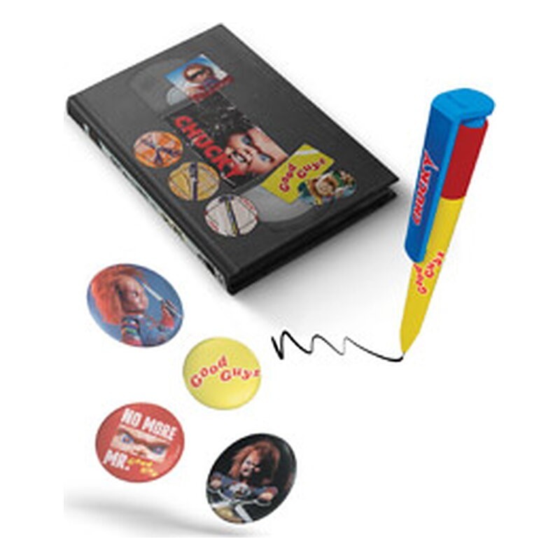 Set de papelería Chucky: VHS con libreta, 4 chapas y bolígrafo - SD Toys