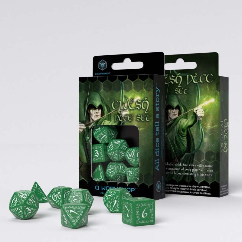 Dados Élficos en Verde y Blanco (7 unidades) - Q Workshop