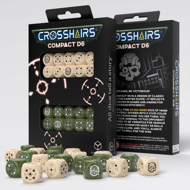 Dados Crosshairs Compact D6 en Beige y Verde (7 unidades) - Q Workshop
