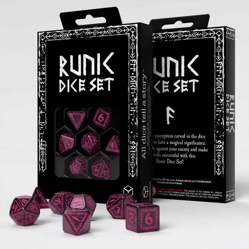Dados Runic Shimmering Negro y Magenta (7 unidades) - Q Workshop