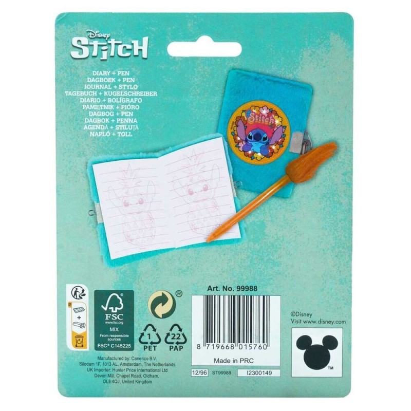 MINI DIARIO STITCH +BOLIGRAFO POMPOM+CANDADO
