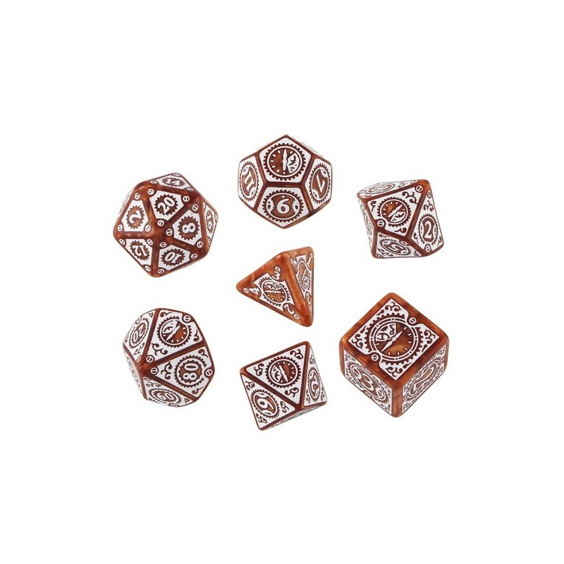 QW CARAMEL-WHITE STEAMPUNK CLOCKWORK DICE SET (7)